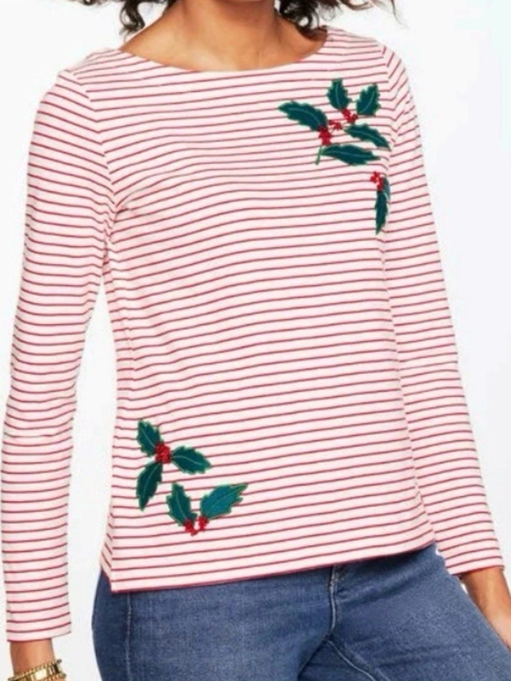 Talbots Cotton Bateau Neck Tee - Embroidered Holly Stripe